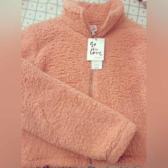 NWT Belle du jour Junior XL Teddy soft pink O ring zip cropped jacket top - Picture 3 of 5